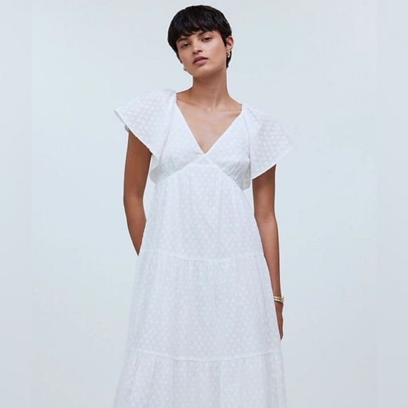 NWT Madewell White Crinkled Georgette Maxi Dress V-Neck Flutter Sleeves Size 8 - Picture 2 of 16